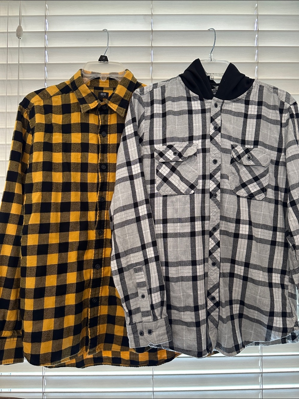 Uniqlo Yellow & Black Plaid Shirt M & Forever 21 Gray & Black Hood Plaid Shirt S